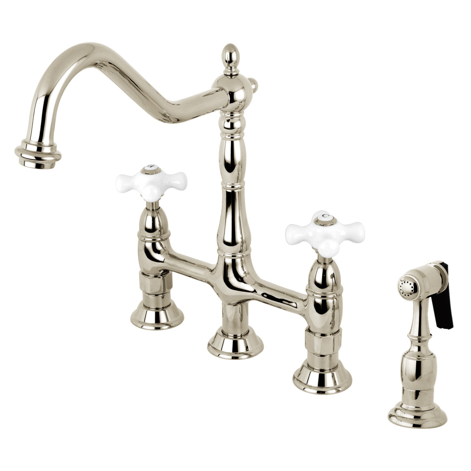 Kingston Heirloom KS1276PXBS - Heritage Two-Handle 4-Hole Deck Mount Bridge Kitchen Faucet with Brass Sprayer, Polished Nickel — image 1